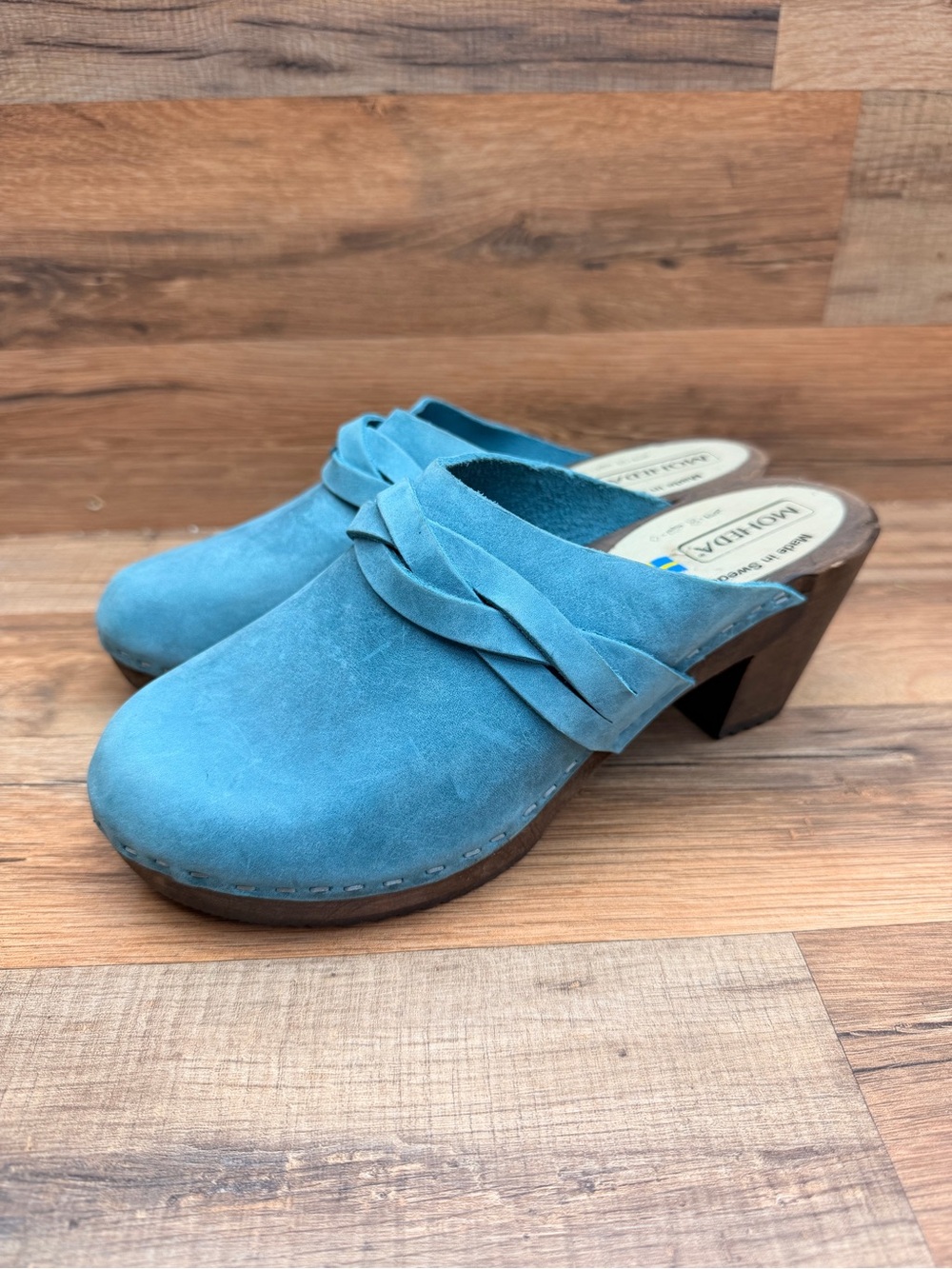 Moheda  women size 7 Mules Clogs Size Shoes  blue Leather  Toffeln